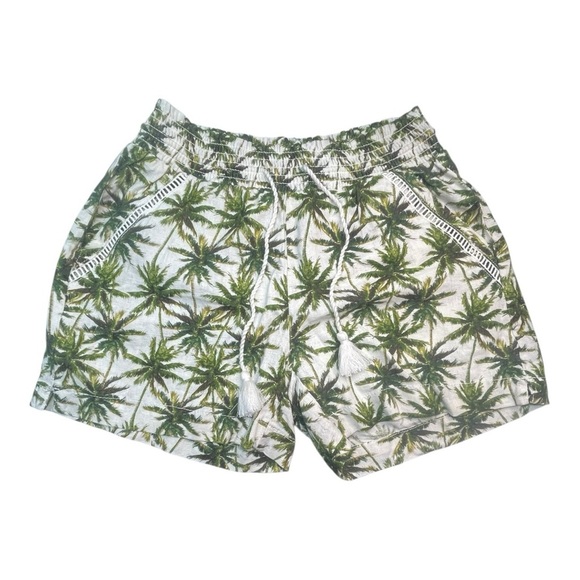 BRIGGS Drawstring Shorts Linen Blend White/Green Palm Trees Size: S - Picture 2 of 10